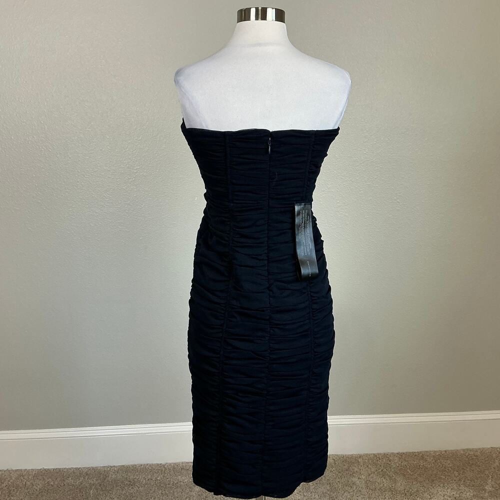 BCBGMAXAZRIA Women's Cocktail Dress Size 8 Blue Strapless Ruched Midi Sheath - Picture 7 of 13